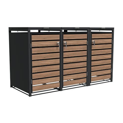 Ecoscape Triple Bin Store with Lid - 2000mm x 800mm x 1160mm Charcoal & Woodgrain